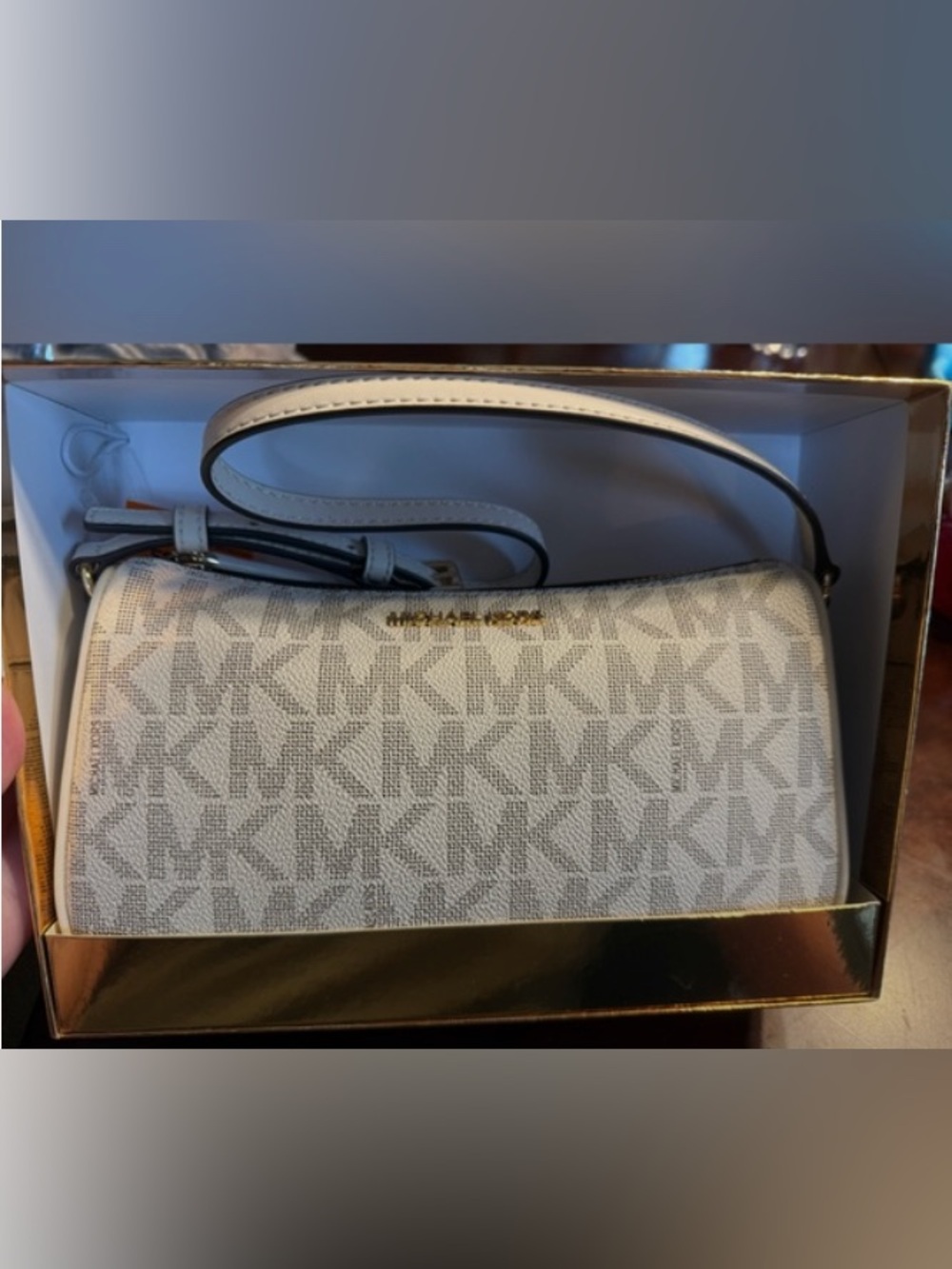 Michael Kors Monogram Cream Pouchette  (Small Shoulder Bag) NWT in original box!